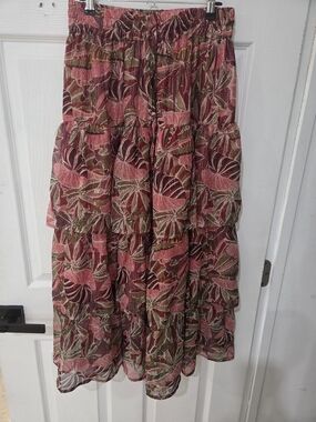 Elan Tiered Maxi Skirt in Pink and Olive Floral
